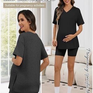 Maternity V-Neck Short Sets, with Short Sleeve Tops, Black & Gray.